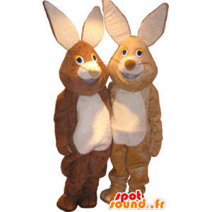 2 mascotes coelhos, um marrom e o outro bege - MASFR032516 - coelhos mascote