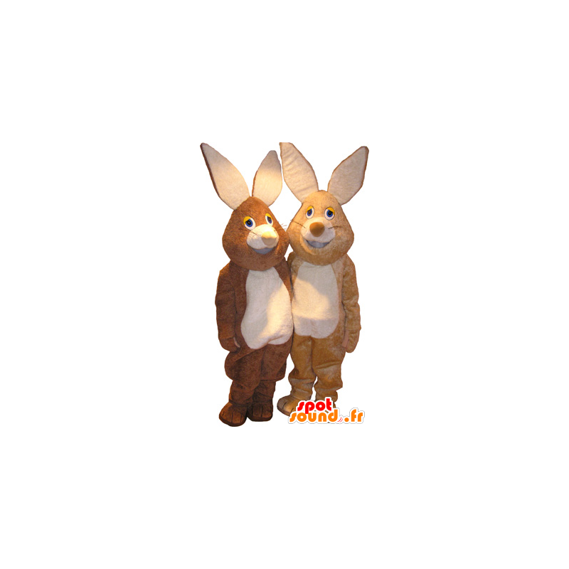 2 mascottes de lapins, l'un marron et l'autre beige - MASFR032516 - Mascotte de lapins