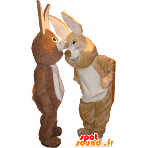 2 mascots rabbits, one brown and one beige - MASFR032516 - Rabbit mascot