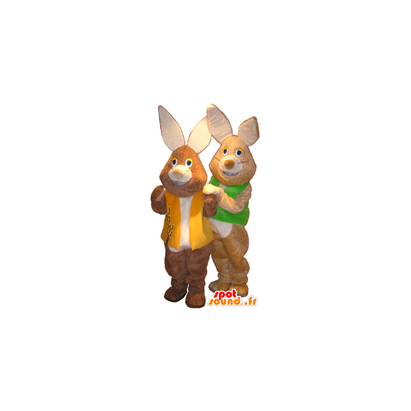 2 mascots brown and white rabbits with colored vests - MASFR032517 - Rabbit mascot