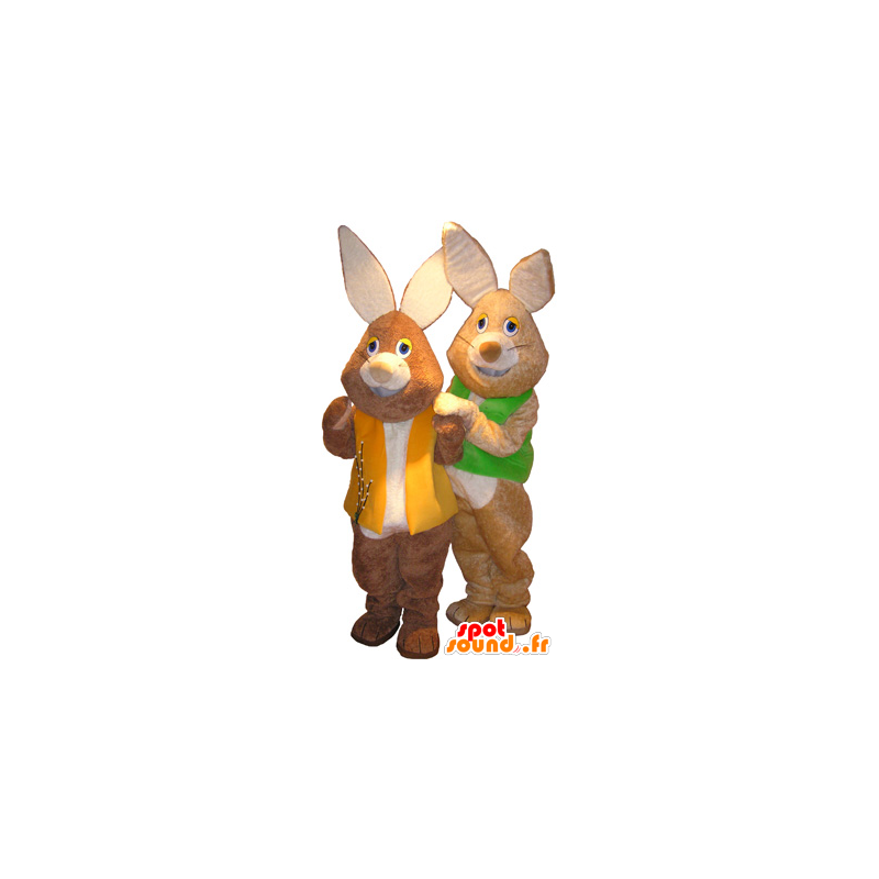 2 mascottes de lapins marron et blanc avec des gilets colorés - MASFR032517 - Mascotte de lapins