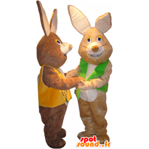 2 mascots brown and white rabbits with colored vests - MASFR032517 - Rabbit mascot