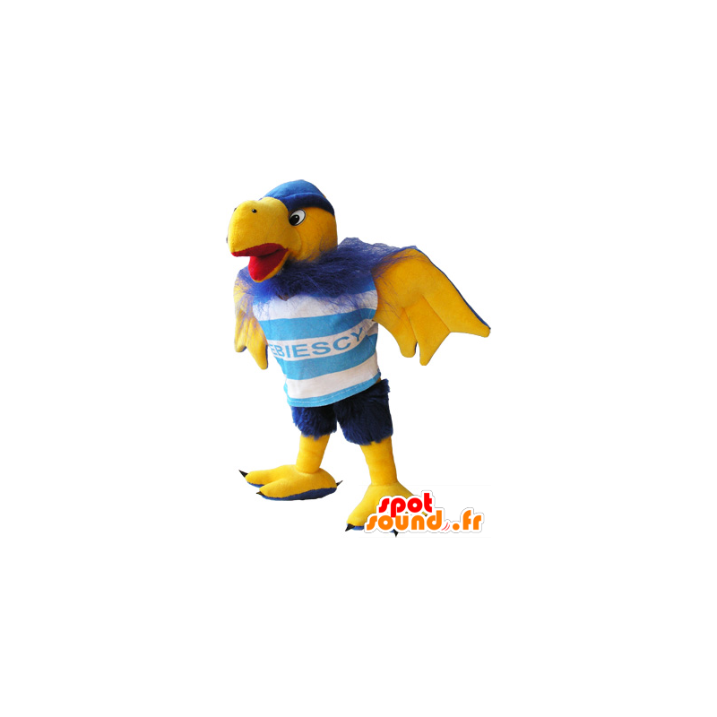 Mascotte uccello, peloso avvoltoio blu e giallo - MASFR032518 - Mascotte degli uccelli