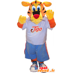 Tiger maskot Tigo, orange och gul i blå sportkläder - Spotsound