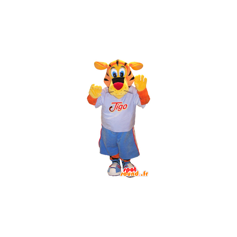 Tigo tiger mascot, orange and yellow dressed in blue sports - MASFR032522 - Sports mascot