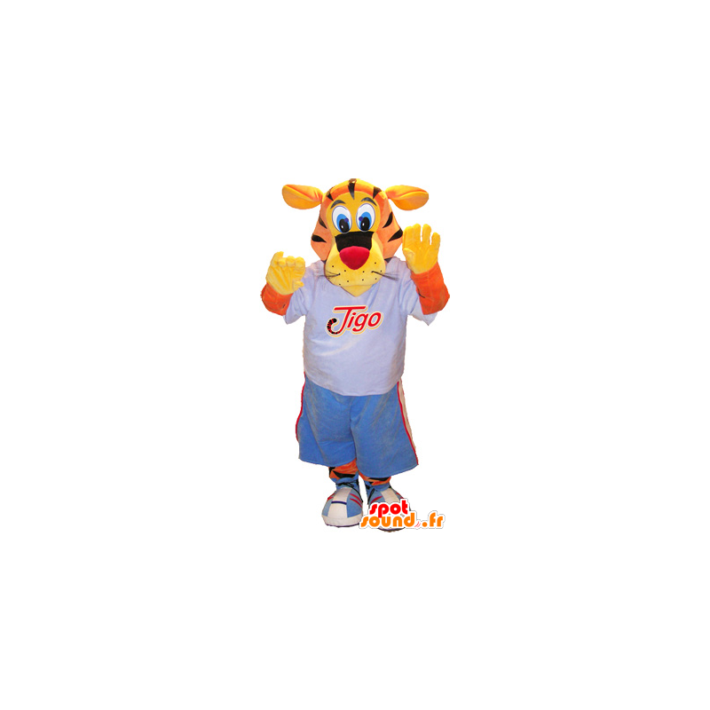 Mascotte van de tijger Tigo, oranje en geel gekleed in blauwe sport - MASFR032522 - sporten mascotte