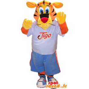 Tigo mascota del tigre, naranja y amarillo vestido de deportes azul - MASFR032522 - Mascota de deportes