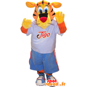 Mascotte van de tijger Tigo, oranje en geel gekleed in blauwe sport - MASFR032522 - sporten mascotte