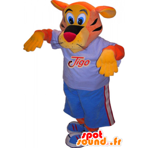 Tigo mascota del tigre, naranja y amarillo vestido de deportes azul - MASFR032522 - Mascota de deportes