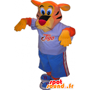 Tigo Tiger-Maskottchen, orange und gelb in blau Sport gekleidet - MASFR032522 - Sport-Maskottchen