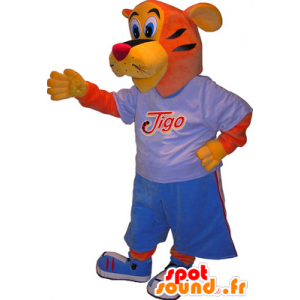 Tigo tiger mascot, orange and yellow dressed in blue sports - MASFR032522 - Sports mascot