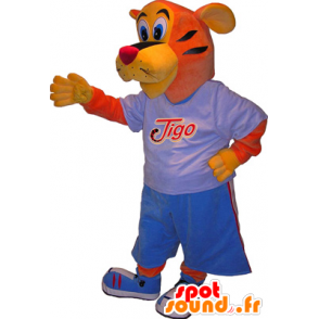 Tigo Tiger-Maskottchen, orange und gelb in blau Sport gekleidet - MASFR032522 - Sport-Maskottchen