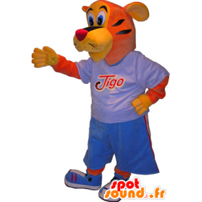 Tiger maskot Tigo, orange og gul i blå sportstøj - Spotsound