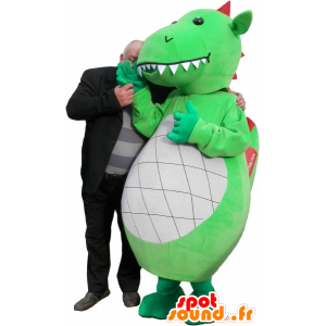 Mascotte de dragon vert, blanc et rouge avec de grandes dents - MASFR032523 - Mascotte de dragon