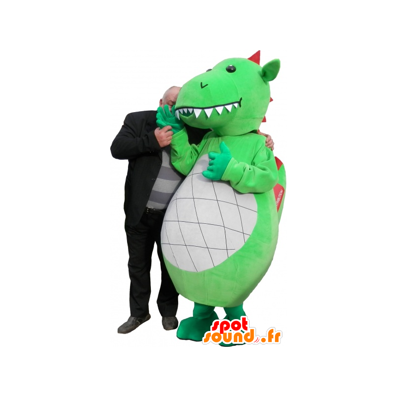 Green dragon mascot, white and red with big teeth - MASFR032523 - Dragon mascot