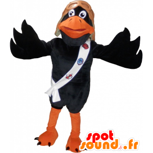Mascotte de corbeau noir et orange avec un casque de pilote - MASFR032526 - Mascotte d'oiseaux