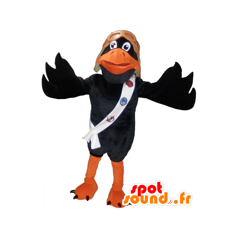 Preto e laranja mascote corvo com o capacete de um piloto - MASFR032526 - aves mascote