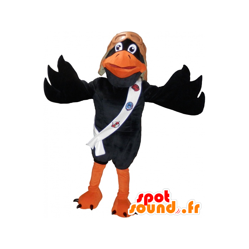 Mascotte de corbeau noir et orange avec un casque de pilote - MASFR032526 - Mascotte d'oiseaux