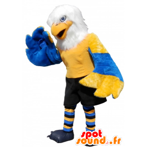 Aquila mascotte giallo, blu e bianco con pantaloncini neri - MASFR032531 - Mascotte degli uccelli