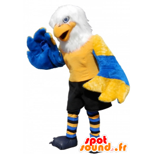 Águia da mascote amarelo, azul e branco com shorts pretos - MASFR032531 - aves mascote