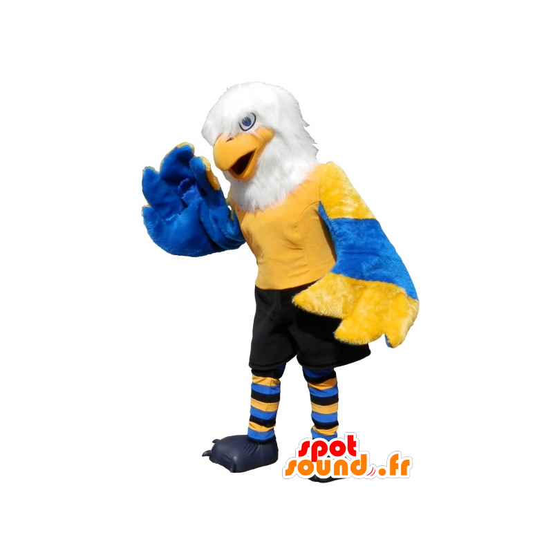 Aquila mascotte giallo, blu e bianco con pantaloncini neri - MASFR032531 - Mascotte degli uccelli