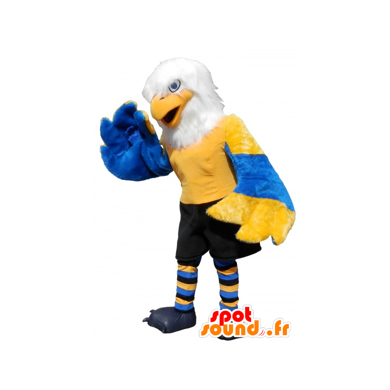 Águila mascota de color amarillo, azul y blanco con pantalones cortos negros - MASFR032531 - Mascota de aves
