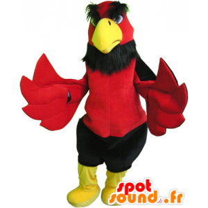 Mascotte rosso uccello, nero e giallo, e gigante divertente