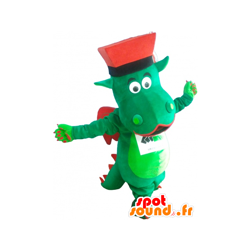 La mascota dragón verde y rojo con un sombrero - MASFR032535 - Mascota del dragón