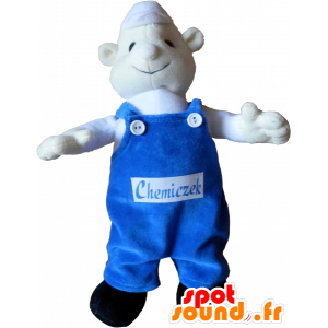 Witte Sneeuwman Mascot met blauwe overalls - MASFR032536 - man Mascottes