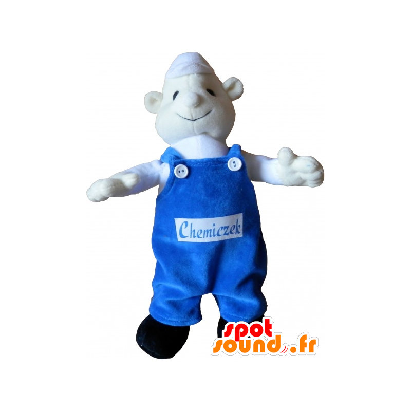 Weißer Schneemann-Maskottchen mit blauen Overalls - MASFR032536 - Menschliche Maskottchen