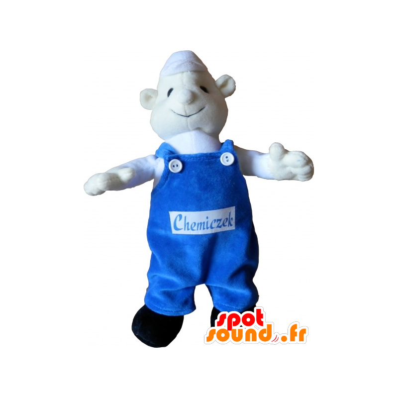 Witte Sneeuwman Mascot met blauwe overalls - MASFR032536 - man Mascottes