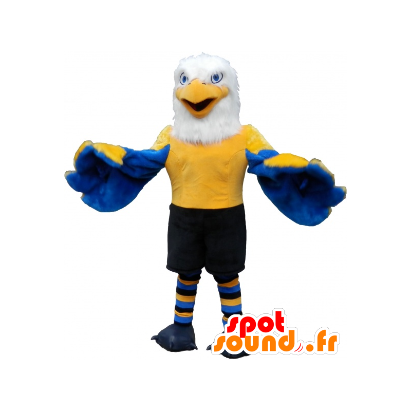 Mascotte d'aigle bleu, jaune et blanc en tenue de sport - MASFR032537 - Mascotte sportives