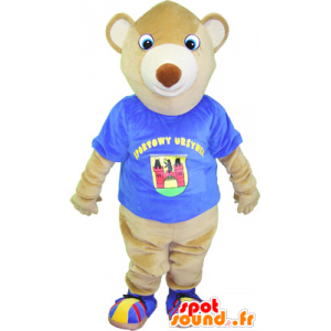 Beige teddy mascot with a blue shirt - MASFR032539 - Bear mascot