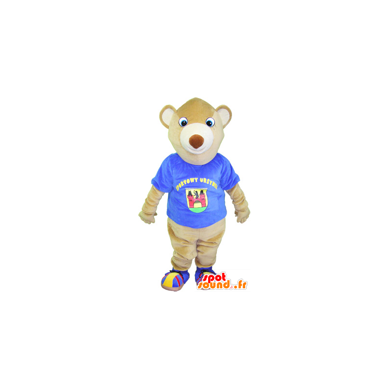 Beige teddy mascot with a blue shirt - MASFR032539 - Bear mascot