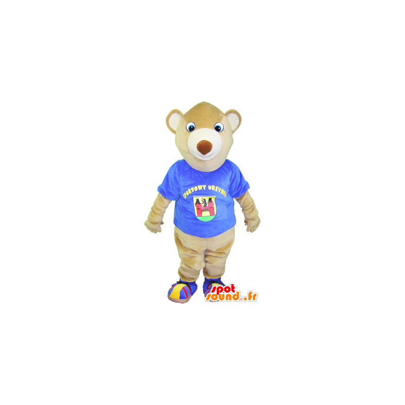 Mascotte de nounours beige avec un t-shirt bleu - MASFR032539 - Mascotte d'ours
