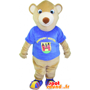Amarillento de peluche mascota de con una camisa azul - MASFR032539 - Oso mascota
