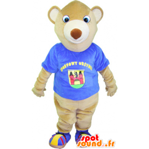 Beige orsacchiotto mascotte con una camicia blu - MASFR032539 - Mascotte orso