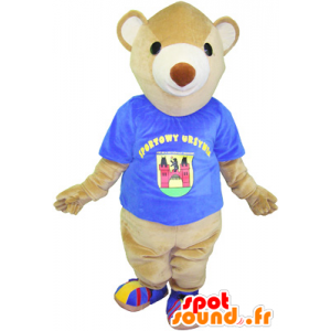 Beige orsacchiotto mascotte con una camicia blu - MASFR032539 - Mascotte orso