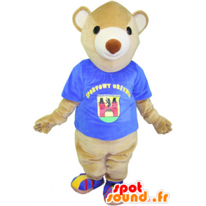 Mascotte de nounours beige avec un t-shirt bleu - MASFR032539 - Mascotte d'ours