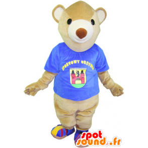 Bege pelúcia mascote com uma camisa azul - MASFR032539 - mascote do urso