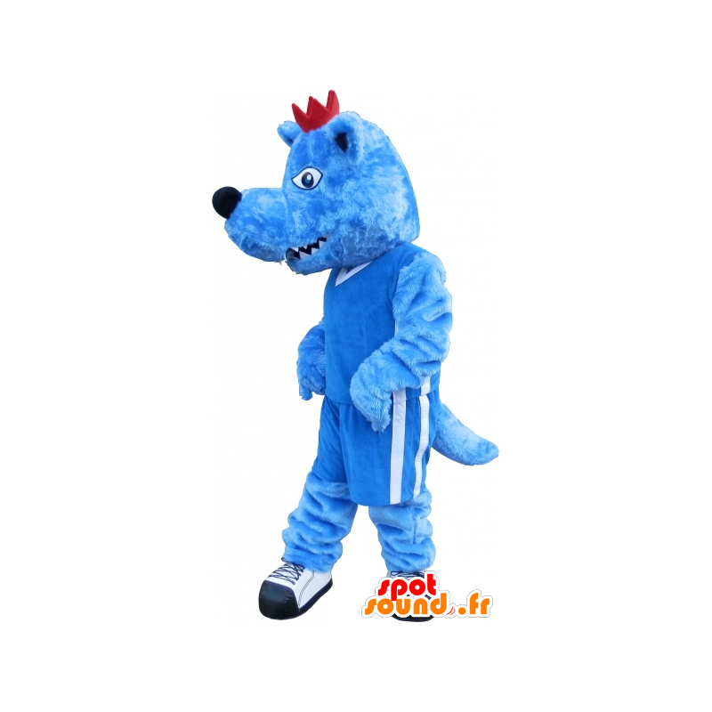 Blue wolf mascot with a red crest and a fierce - MASFR032540 - Mascots Wolf