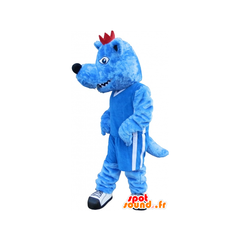 Mascote azul do lobo com uma crista vermelha e uma feroz - MASFR032540 - lobo Mascotes