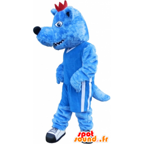 Blue wolf mascot with a red crest and a fierce - MASFR032540 - Mascots Wolf