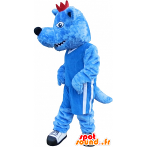 Blue Wolf mascotte met een rode kuif en een felle - MASFR032540 - Wolf Mascottes