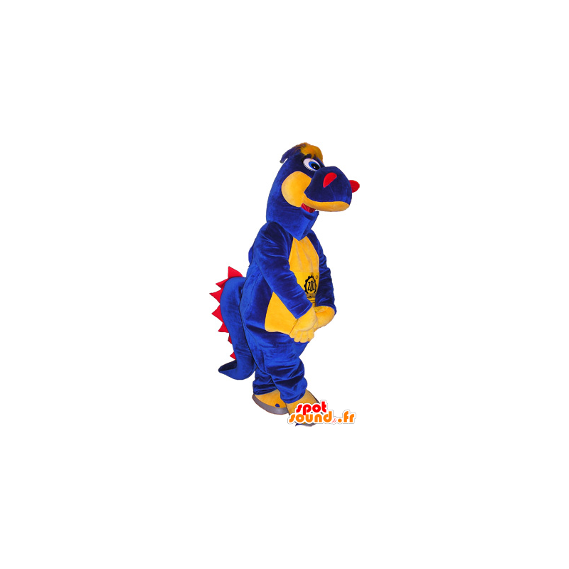 Mascote dinossauro azul, amarelo e vermelho - MASFR032541 - Mascot Dinosaur