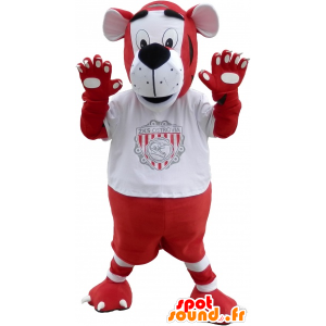 Röd och vit tigermaskot i sportkläder - Spotsound maskot