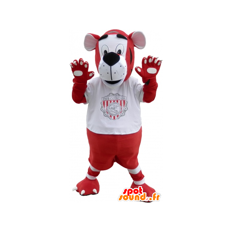 Rød og hvid tigermaskot i sportstøj - Spotsound maskot