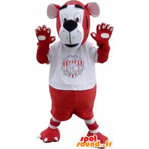 Mascota del tigre rojo y blanco en ropa deportiva - MASFR032542 - Mascota de deportes