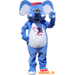 Mascotte blauwe en witte olifant, met rood haar - MASFR032543 - Elephant Mascot