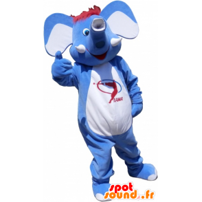Mascotte blauwe en witte olifant, met rood haar - MASFR032543 - Elephant Mascot